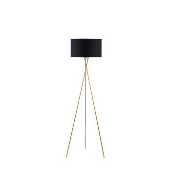 Elstead Lighting Tripod Floor Lamp, Steel Crossed Legs In Satin Gold, Black Fabric Shade In-Line Switch