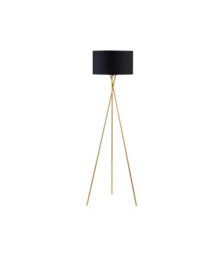 Elstead Lighting Tripod Floor Lamp, Steel Crossed Legs In Satin Gold, Black Fabric Shade In-Line Switch