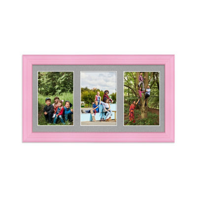AK Frames 40X20Cm Pastel Pink Classic Multi Photo Frame With Silver Mount - Holds 3 Apertures (3X) 6X4 Photos - image 1