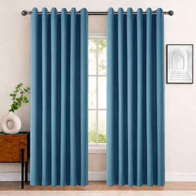 Bedlooms Blue Linen Curtain 100% Blackout Thermal Insulated Eyelet Curtain (Pair) 66 X 90 Inches With Tie Back Two - image 1