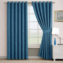 Bedlooms Blue Linen Curtain 100% Blackout Thermal Insulated Eyelet Curtain (Pair) 66 X 90 Inches With Tie Back Two - thumbnail 2