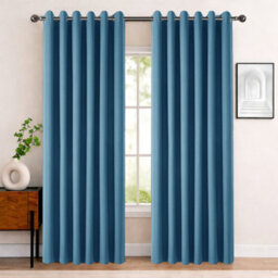 Bedlooms Blue Linen Curtain 100% Blackout Thermal Insulated Eyelet Curtain (Pair) 66 X 90 Inches With Tie Back Two