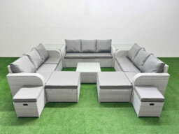 Fimous 13 Seater Outdoor Garden Furniture Set With Coffee Table 3 Seater Sofa 4 Footstools 2 Side Tables Light Grey - thumbnail 2