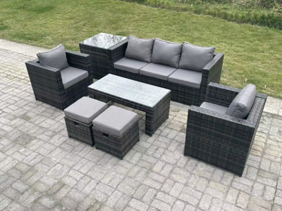 Fimous Lounge Rattan Sofa Set Outdoor Garden Furniture Oblong Rectangular Coffee Table 2 Stools Extra Side Table - image 1