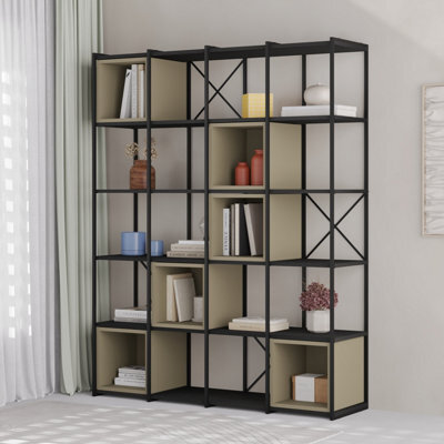 Decortie Modern Vale Maxi Bookcase Versatile Display Unit 5-Tier Metal Frame 6 Adjustable Shelf 18mm (Black Wood, Ash Green) - image 1