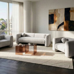 Wyld And Coco Retro Glam 5-Seater Beige Textured Fabric Sofa Set With Matching Armchair - thumbnail 2