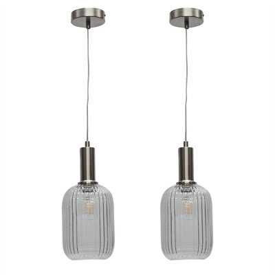First Choice Lighting Set Of 2 Batley - Clear Ribbed Glass Satin Nickel Deco Pendants - image 1