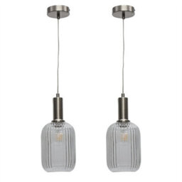 First Choice Lighting Set Of 2 Batley - Clear Ribbed Glass Satin Nickel Deco Pendants - thumbnail 1