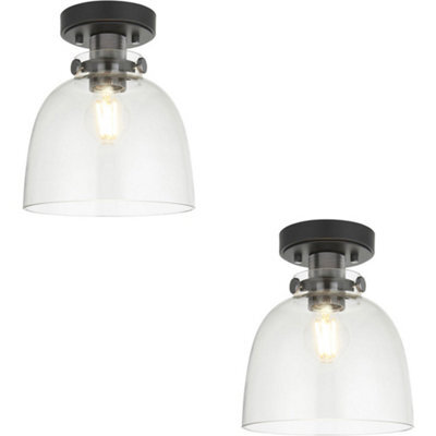 Loops 2 Pack Semi Flush Low Ceiling Light - Smokey Grey Tinted Glass & Black Chrome Plate - 10W Max Led E27 - image 1