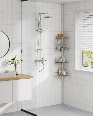 Songmics Premium Corner Organizer Stand, 4-Tier Bathroom System With Secure Pole Mount, Durable Shower Storage, Dove Grey