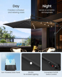 LEDREM Cantilever Garden Patio Parasol Umbrella With Base,crank For Opening Closing, 32 Solar-Powered Led Lights, Grey - thumbnail 4