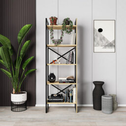 Decortie Modern Detroit Bookcase Shelving Unit Oak, Silky Grey Black 58(W)Cm 5-Tier Sturdy Metal Legs Frame Office, Living Room - thumbnail 5