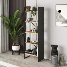 Decortie Modern Detroit Bookcase Shelving Unit Oak, Silky Grey Black 58(W)Cm 5-Tier Sturdy Metal Legs Frame Office, Living Room