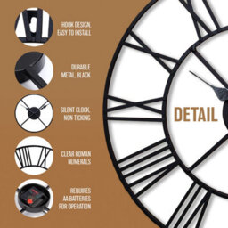 60Cm Big Roman Numerals Giant Metal Outdoor Garden Decorative Wall Clock Indoor Silent Black Non-Ticking Open Face - thumbnail 2