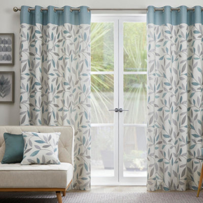 Fusion Beechwood Leaf Trail Pair Of 100% Cotton Duck Egg Eyelet Curtains - image 1