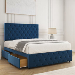 Bsspoke Mulberry Divan Bed Set Blue Plush Velvet 24Inch Headboard & Footboard 2 Drawers Same Side & Mattress In All Sizes