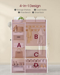 Entryway Bench, Hall Tree Shoe Rack, Coat Rack Storage, Multi Hook Organizer, Large Size, Golden Oak And Cloud White - thumbnail 3