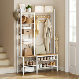 Entryway Bench, Hall Tree Shoe Rack, Coat Rack Storage, Multi Hook Organizer, Large Size, Golden Oak And Cloud White - thumbnail 1