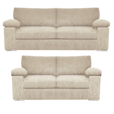Furnishings For Less UK Delta Fabric Sofa Suite Padded Arms Jumbo Cord 3 And 2 Seater Cream - image 1