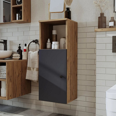 Roomart Lotus Wall Mounted Bathroom Towel Storage Cabinet 90Cm High In Anthracite And Oak Finish - image 1