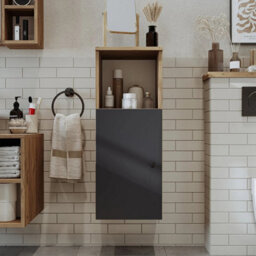 Roomart Lotus Wall Mounted Bathroom Towel Storage Cabinet 90Cm High In Anthracite And Oak Finish - thumbnail 3