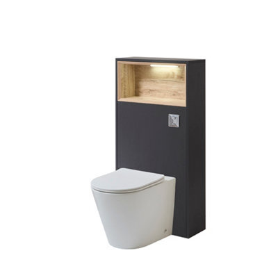 Homestylestore 600mm Black Grey Floorstanding Bathroom Wc Unit Led Lit Shelf Chalk Toilet And Chrome Flush Button - image 1