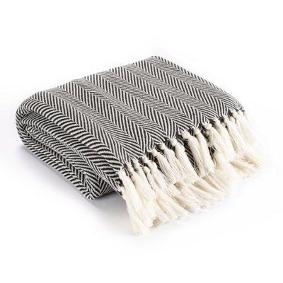 Ehc Herringbone Lightweight Soft Warm Wool Feel Acrylic Throws For Sofa Blanket - Black - image 1
