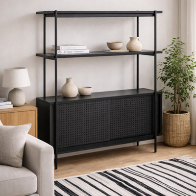 Wyld Haus Cambridge Industrial Black Mesh Bookcase 2 Shelves 2 Sliding Doors - image 1