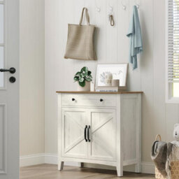 Songmics Sideboard, Storage Cabinet With Drawer, Kitchen Cabinet With Doors And Height Adjustable Shelf, Rustic White & Honey Brown - thumbnail 1