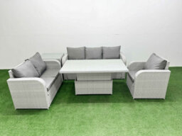 Fimous Pe Wicker 6 Seater Outdoor Rattan Furniture Sofa Sets Adjustable Lifting Dining Or Coffee Table Side Table Light Grey - thumbnail 2