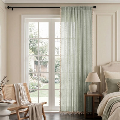Living And Home Bohemian Light Green Faux Linen Curtain Semi Sheer Rod Pocket Window Drape With Decorative Tassels - image 1