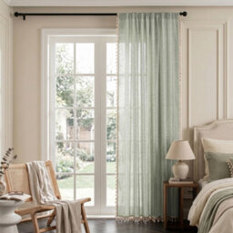 Living And Home Bohemian Light Green Faux Linen Curtain Semi Sheer Rod Pocket Window Drape With Decorative Tassels - thumbnail 1