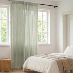 Living And Home Bohemian Light Green Faux Linen Curtain Semi Sheer Rod Pocket Window Drape With Decorative Tassels - thumbnail 2