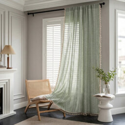 Living And Home Bohemian Light Green Faux Linen Curtain Semi Sheer Rod Pocket Window Drape With Decorative Tassels - thumbnail 3