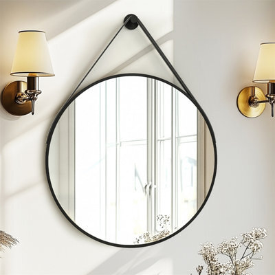 Artloge 60Cm Hanging Circle Mirror Wall Decor Aluminum Frame Round Mirrors Bathroom Bedroom, Black - image 1