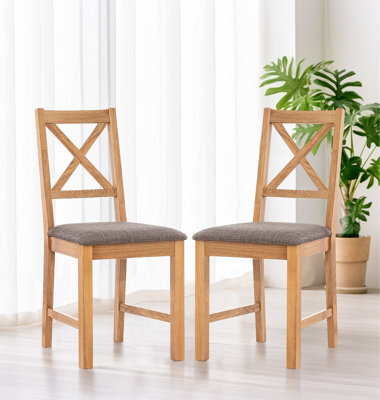 Hallowood Furniture Pair Of Oak Small Cross Back Chairs With Grey Fabric Seat - image 1