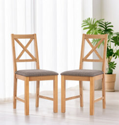 Hallowood Furniture Pair Of Oak Small Cross Back Chairs With Grey Fabric Seat - thumbnail 1
