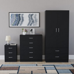 Lassic Vida Designs Riano 3 Piece Bedroom Set (3 Drawer Bedside Chest, 5 Drawer Chest, 2 Door 2 Drawer Wardrobe), Black - thumbnail 7