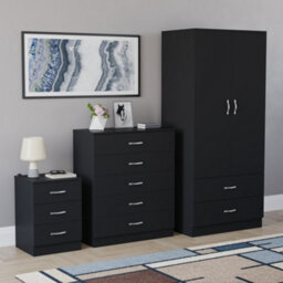 Lassic Vida Designs Riano 3 Piece Bedroom Set (3 Drawer Bedside Chest, 5 Drawer Chest, 2 Door 2 Drawer Wardrobe), Black - thumbnail 6