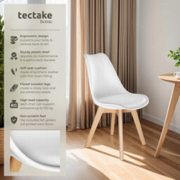 Tectake Set Of 2 Dining Chair Frederikke With Padded Seat, Ergonomic Shape, And Wooden Legs  - White - thumbnail 2