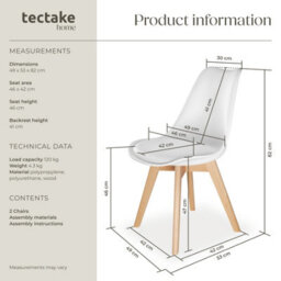 Tectake Set Of 2 Dining Chair Frederikke With Padded Seat, Ergonomic Shape, And Wooden Legs  - White - thumbnail 6