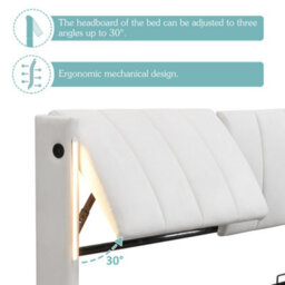 BTM Led Upholstered Bed Double Bed 4Ft6 135X190 Cm Hydraulic Usb Port Led Lighting Storage Adjustable Headboard Pu White - thumbnail 3
