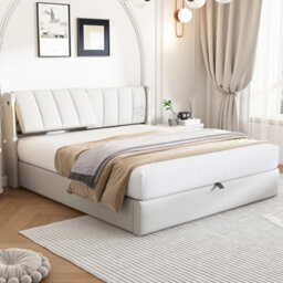 BTM Led Upholstered Bed Double Bed 4Ft6 135X190 Cm Hydraulic Usb Port Led Lighting Storage Adjustable Headboard Pu White - thumbnail 5