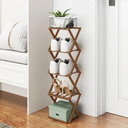 Folding Shoe Storage Rack  Tier Vertical Bamboo Freestanding Organiser  Brown-5 Tiers - thumbnail 1