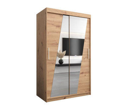 Arte Rhomb Contemporary Mirrored 2 Sliding Door Wardrobe 5 Shelves 2 Rails Oak Artisan Effect (H)2000mm (W)1200mm (D)620mm - image 1