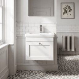 Balterley Swynnerton Traditional 1 Drawer Wall Hung Vanity Unit With Mid-Edge Basin, Satin White, 500mm - thumbnail 2