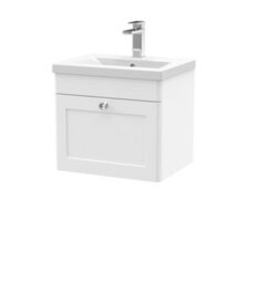Balterley Swynnerton Traditional 1 Drawer Wall Hung Vanity Unit With Mid-Edge Basin, Satin White, 500mm