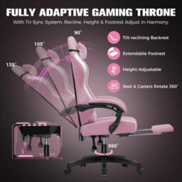 Luckracer Fabric Gaming Chair With Footrest, Ergonomic Computer Desk Chair With Pocket Spring Cushion Home Office Chair, Pink - thumbnail 4