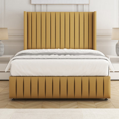 Bsspoke Luna Divan Bed Set Mustard Plush Velvet 54Inch Wingedback Headboard & Footboard & Mattress No Drawers In All Sizes - image 1