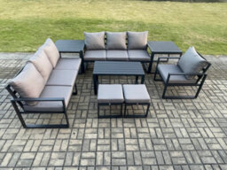 Fimous Aluminium 9 Seater Garden Furniture Outdoor Patio Sofa Set With Rectangular Coffee Table Armchair 2 Small Footstool - thumbnail 2